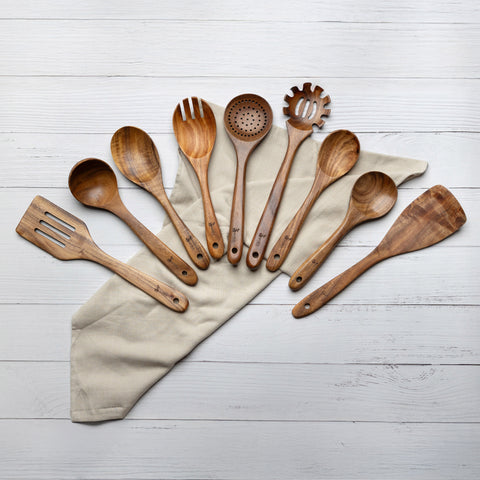 9-Piece Natural Teak Wood Kitchen Utensils Set