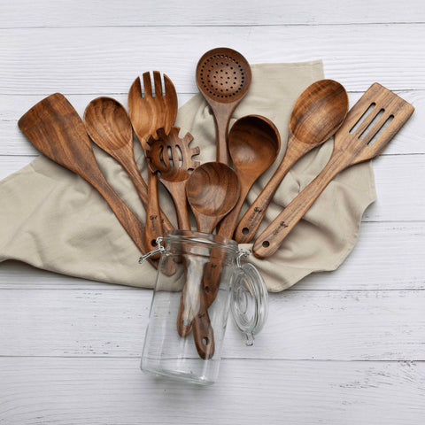 9-Piece Natural Teak Wood Kitchen Utensils Set