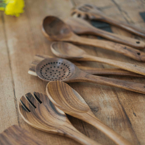 9-Piece Natural Teak Wood Kitchen Utensils Set