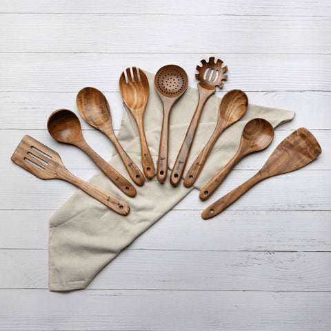 9-Piece Natural Teak Wood Kitchen Utensils Set